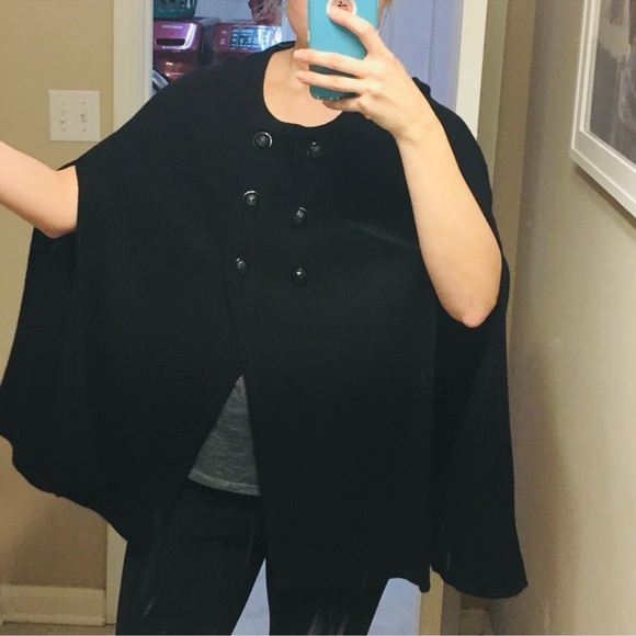 Banana Republic Black Extra Fine Merino Wool ribbed Knit Cape Coat Sweater - Picture 1 of 6